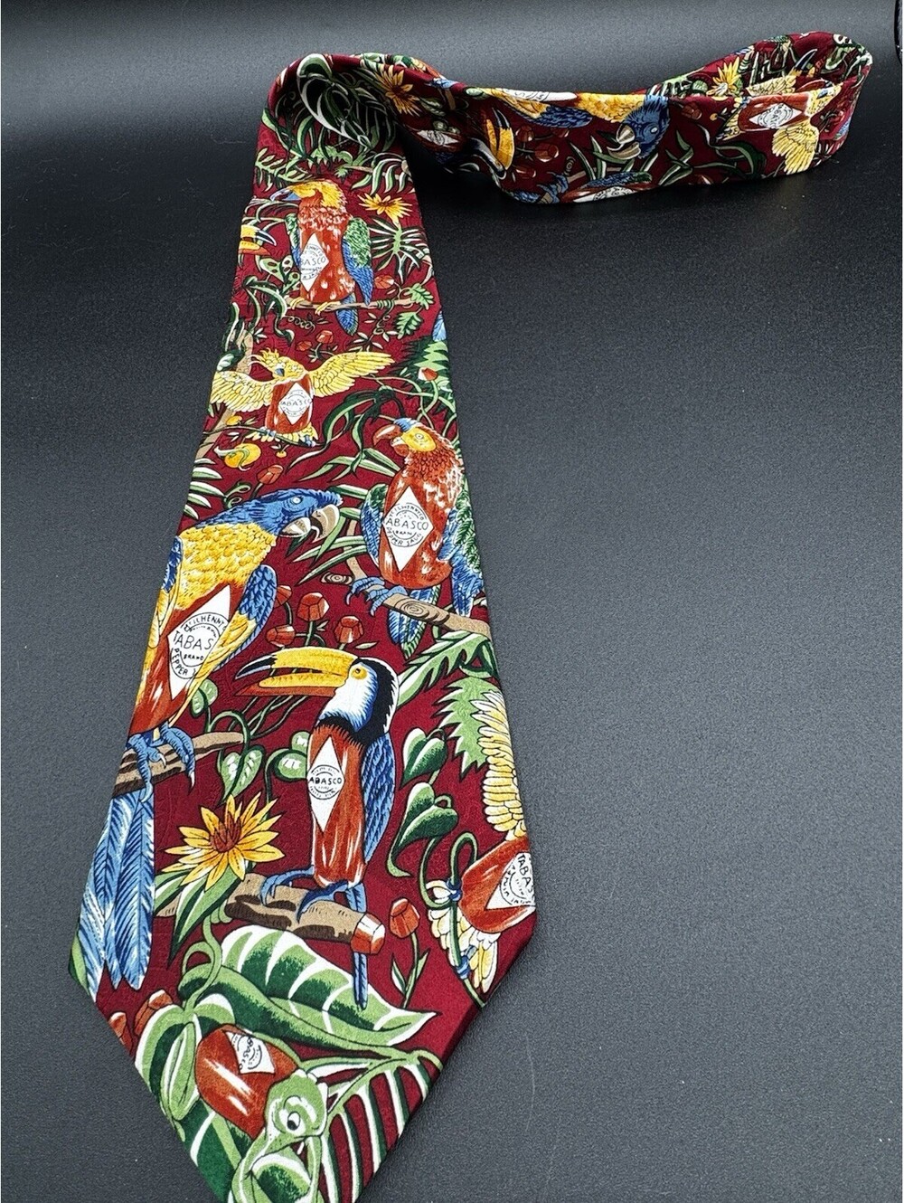 Vintage Tabasco Pepper Sauce Tropical Parrot Toucan 100% Silk Necktie USA